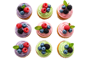 Nine colorful cupcakes with berries isolated on transparent background