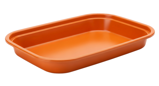 A vibrant orange, rectangular container with a glossy finish, rendered in a clean, minimalist style.