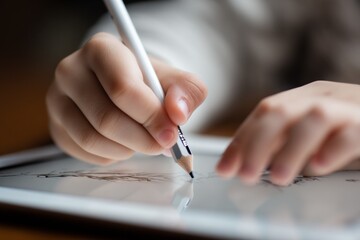 A person is drawing with a pencil on a tablet
