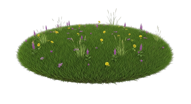A vibrant verdant patch with mixed wildflowers creates a whimsical miniature landscape illustration.