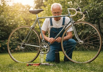 Senior Man Repairing Vintage Bicycle Outdoors