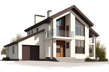 Modern house with white walls, brown roof, and large windows on a transparent background, cutout as a PNG file 