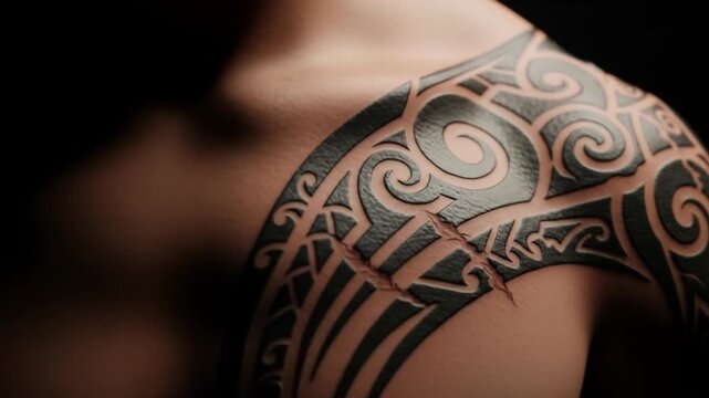 Close-up of a tribal tattoo on a shoulder, showcasing intricate designs and skin texture