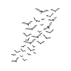 Line art illustration of a swarm of bats flying upwards on a white background