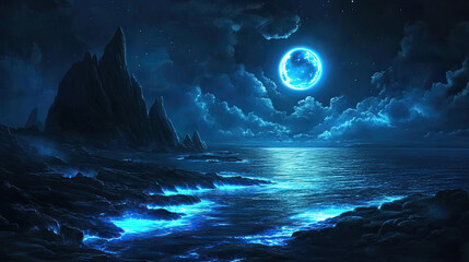 Glowing Bioluminescence in the Ocean with a Soft Blue Glow – AI Generative