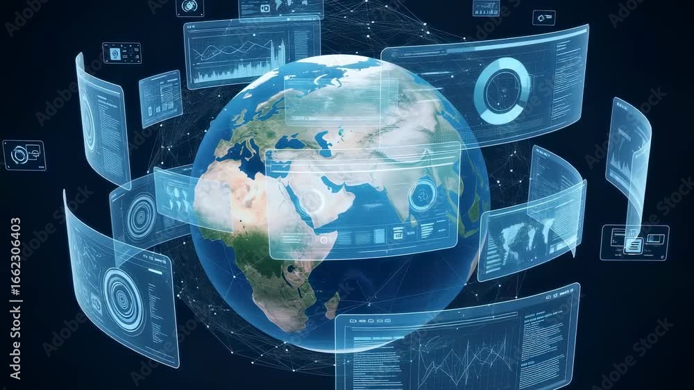 Aufkleber earth with overlapping digital data screens rotating around the globe, showing global surveillance a