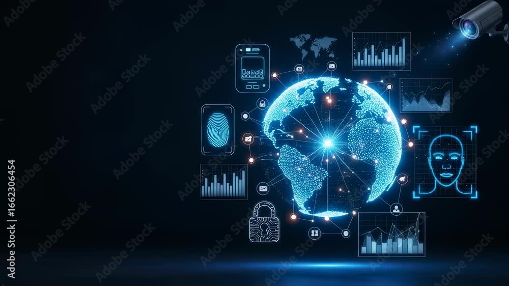 Poster global surveillance system featuring biometric security access and data analytics, illustrating wide