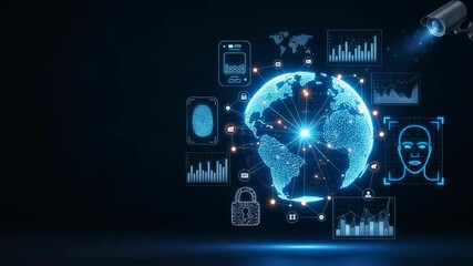 Global surveillance system featuring biometric security access and data analytics, illustrating widespread control and information management footage - Powered by Adobe