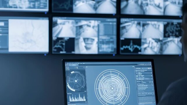 Man monitoring security camera feeds and radar scan with data analysis on multiple screens in a control room footage.