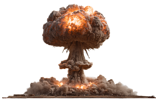 Nuclear explosion isolated on a transparent background, PNG file. A nuclear bomb's mushroom cloud explosion
