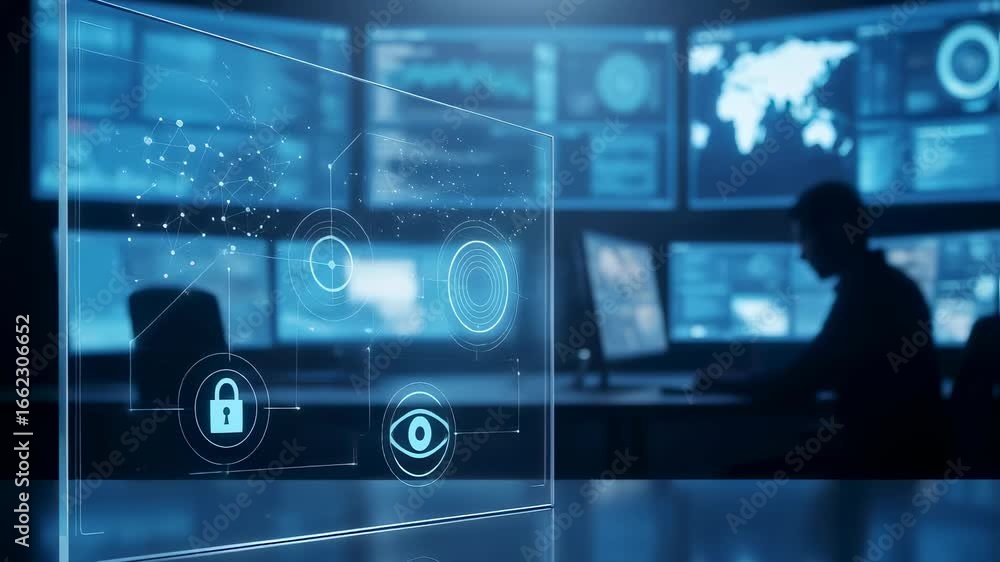 Poster man in security control room monitors data, utilizing futuristic interface with lock, eye, and targe