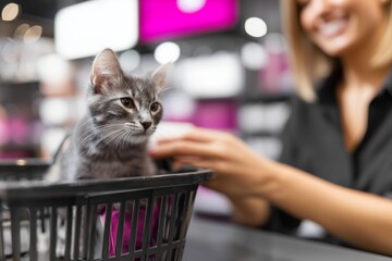 Gray kitten sits black basket pet shop with smiling woman, blurry background.