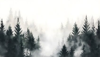 A soft watercolor painting depicting a serene, foggy forest landscape on a clean white background.

