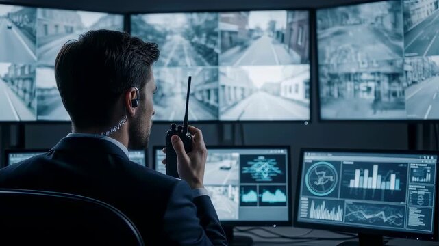 Male security officer monitoring multiple CCTV feeds, utilizing radio communication and surveillance technology in a control room footage.
