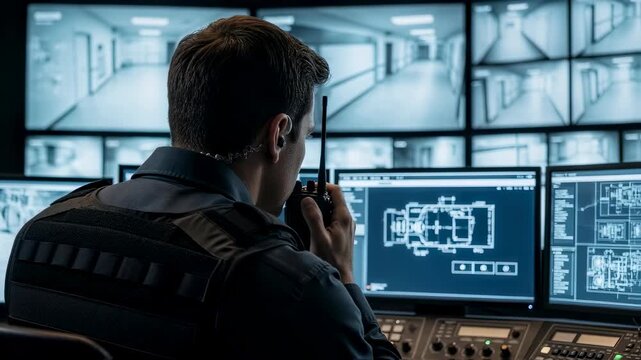 Male security officer monitoring multiple cctv screens with floor plan and communication radio for building surveillance footage.