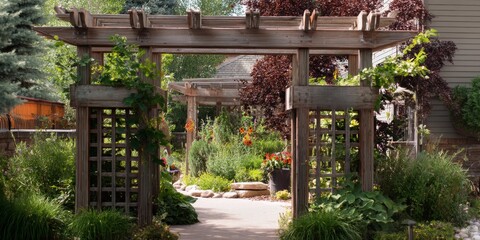 Serene garden entrance with wooden pergola and lush greenery.
