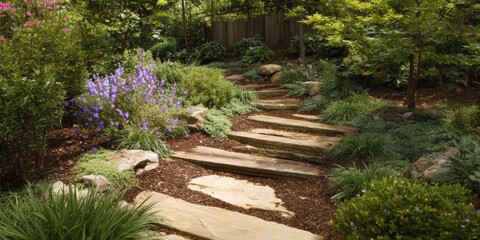 Obraz premium Serene garden pathway with stepping stones and lush greenery.
