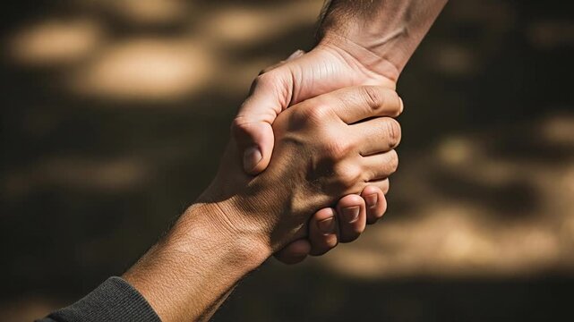 A close up of one person's hand pulling another up in a gesture of help, support, and rescue