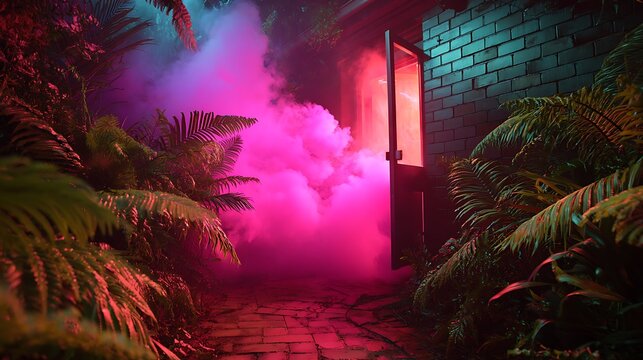 Neon smoke door portal fantasy ferns brick wall vibrant glowing path surreal scene aesthetic dreamy escape