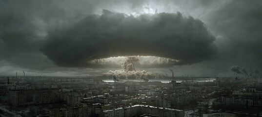 Nuclear explosion over city skyline post apocalyptic disaster fallout mushroom cloud danger destruction bomb blast 100
