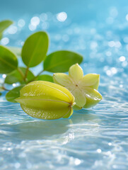 Fresh carambola fruit floating on water with leaves and sunlight reflection