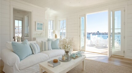 Fototapeta premium Bright coastal living room with white sofa, pillows, and view to sea