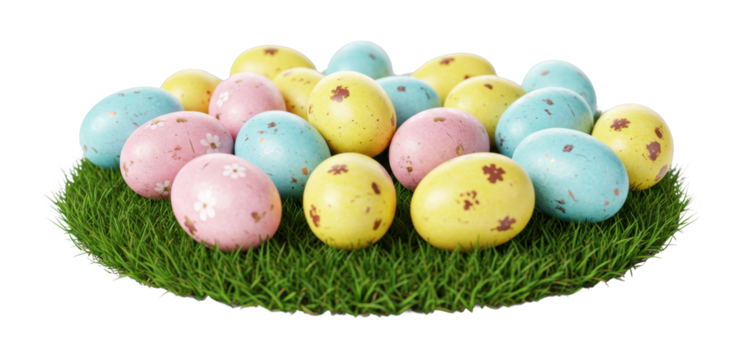 Colorful easter eggs on grass display festive decoration spring theme vibrant environment. Cut out PNG