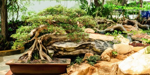 Bonsai tree with twisted roots in a garden setting.