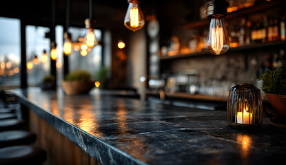 Dark granite countertop with warm light reflections, blurred background of a stylish bar with hanging Edison bulbs and shelves