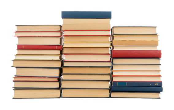 Stacked books displaying literary knowledge library indoor eye-level education and reading. Cut out PNG