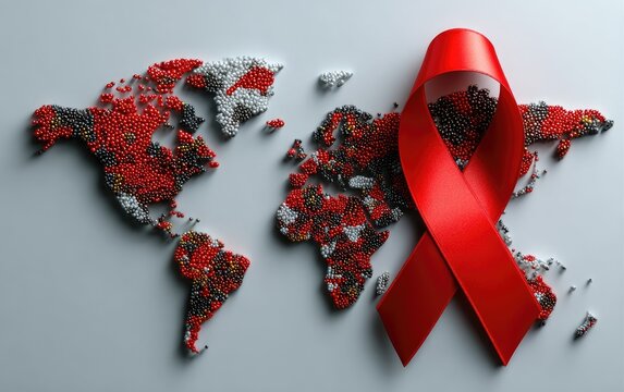 Global map of tiny spheres, a prominent red ribbon signifying health awareness, disease impact, and the vital importance of public support for older populations.