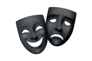 Vector 3d Black Theater Masks for Comedy and Tragedy in Classic Greek and Roman Style. Theater Masks for Drama and Theater Shows. Theater Masks Symbol of Culture, Festival, Performing Arts