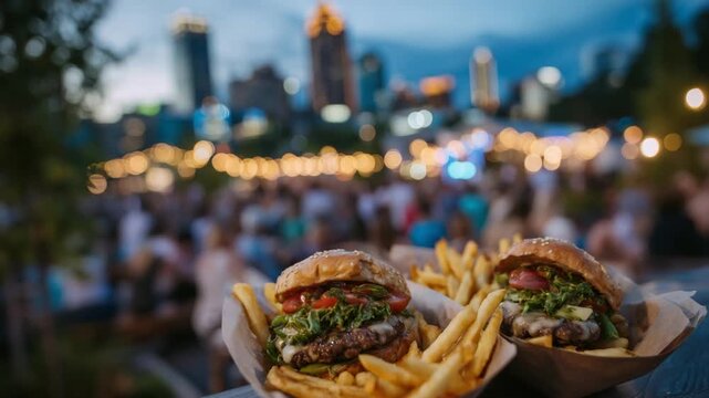 Enjoy gourmet burgers and crispy fries at a vibrant sunset food truck event with a stunning city skyline backdrop.