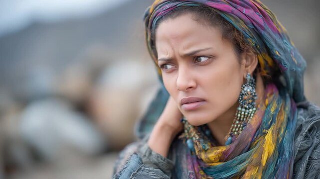 Close-up of a distressed Indian woman with flushed cheeks, gripping her neck, conveying fatigue and mental stress.