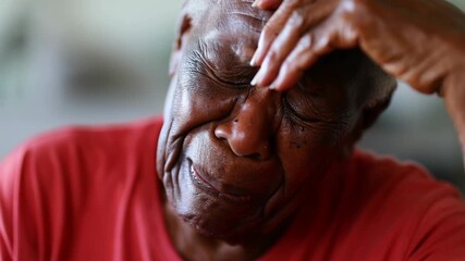 Close up of a worried senior man experiencing a migraine, covering his eyes with his hand, revealing deep discomfort and pain while showcasing the emotional toll of his suffering - Powered by Adobe