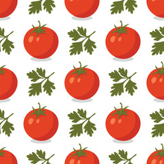 Vector Seamless Pattern with Tomatoes and Parsley. Fresh Vegetable Food Background for Culinary Design. Natural Cooking Ingredients, Organic Kitchen Decor, Italian Cuisine Illustration