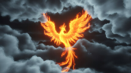Fiery phoenix bird of prey rising through dark smoky clouds fire mythical
