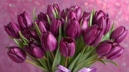 Vibrant bouquet of purple tulips with dew drops, elegantly arranged with lush green leaves, set against a sparkling pink background, symbolizing beauty and freshness