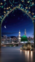 Fototapeta premium Ornate archway frame at night, sparkling golden stars, crescent moon, glowing Islamic lanterns on dark wood, distant mosque green dome, festive Mawlid Nabi celebration greeting card.