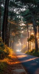 Obraz premium Sunrise path through a pine forest