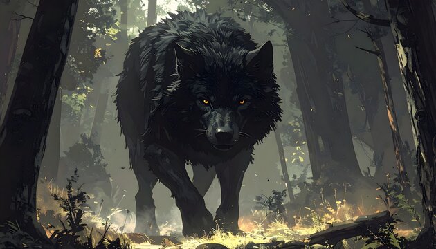 A striking portrait of Fenrir, the colossal wolf from Norse mythology, exuding raw power and mythic presence.