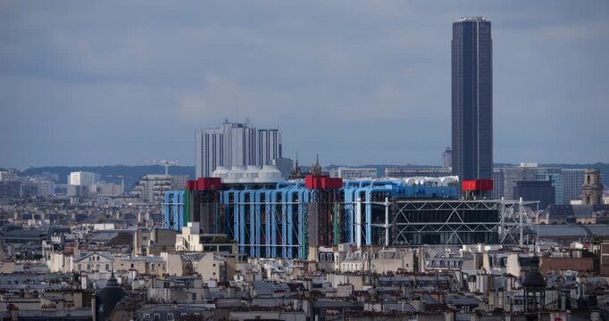 Rooftops of Paris, the centre Pompidou museum building and Montparnasse tower, Paris, France