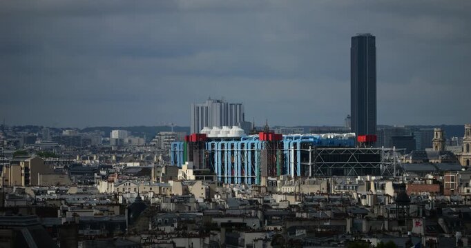 Rooftops of Paris, the centre Pompidou museum building and Montparnasse tower, Paris, France