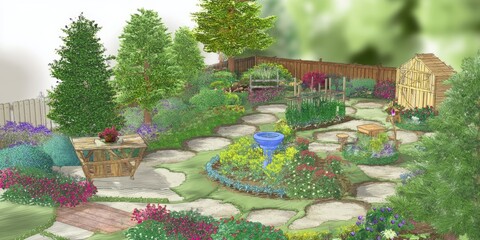 A vibrant summer landscape with a serene pond and a wooden bridge in a Japanese garden