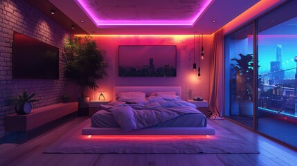 A vibrant bedroom boasts a modern aesthetic with vibrant neon lighting, showcasing a city skyline view.