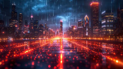 Fototapeta premium A futuristic city skyline bathed in vibrant neon lights, with a network of glowing paths and a dramatic nighttime sky.