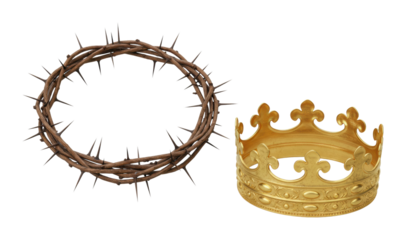 Symbolic contrast thorn crown and gold crown religious iconography studio setting still life. Cut out PNG