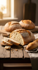 Artisan bread on rustic table with soft window light