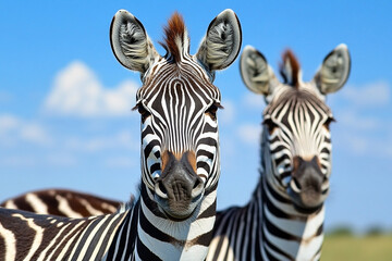 Naklejka premium Striking zebra duo portrait against a bright blue sky, showcasing unique stripes