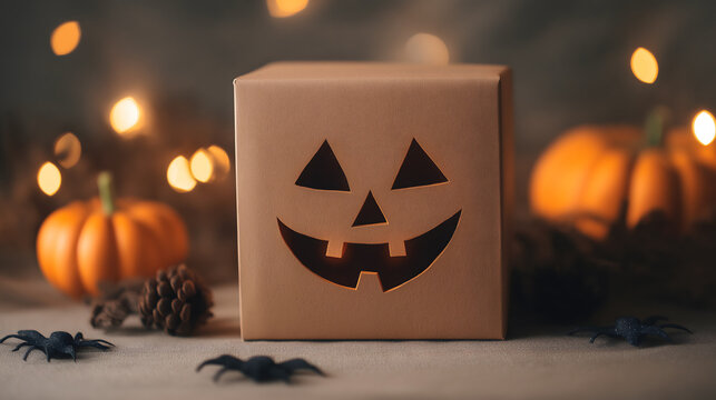 Halloween gift box with carved pumpkin face jack o lantern on the scary witch's night